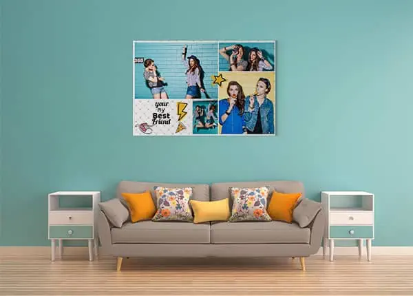 תמונה של אוסף תמונות חברים על קיר בצבע טורקיז עם ספה נעימה וקישוטים צבעוניים, עיצוב מודרני לאוהבי צילום וזיכרונות.