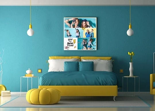 א ALT טקסט בלבד: חדר שינה בצבע טורקיז וצהוב עם תמונות דיגיטליות על הקיר.